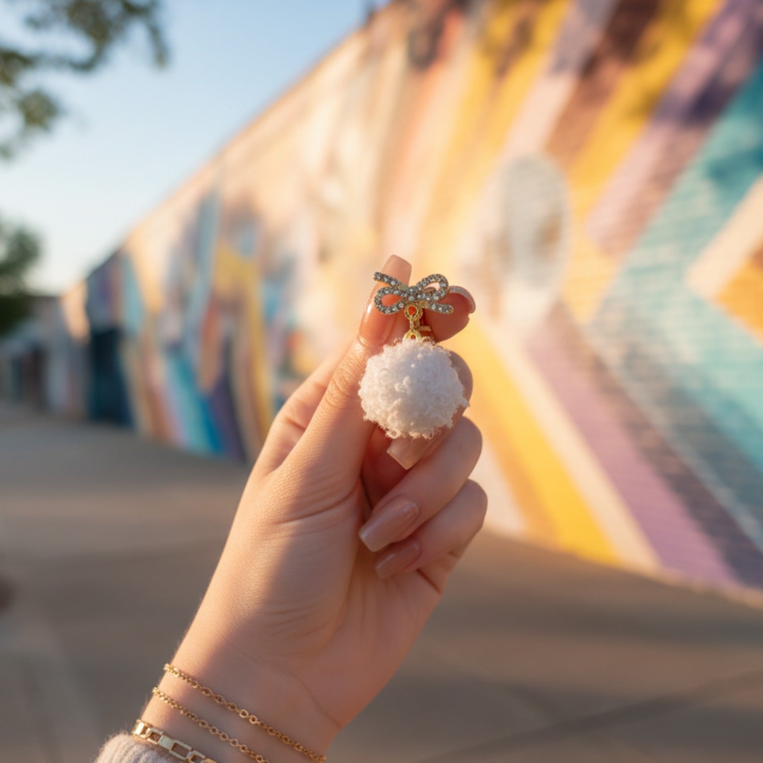 White Pom Pom Bow Rhinestone Drop Earrings