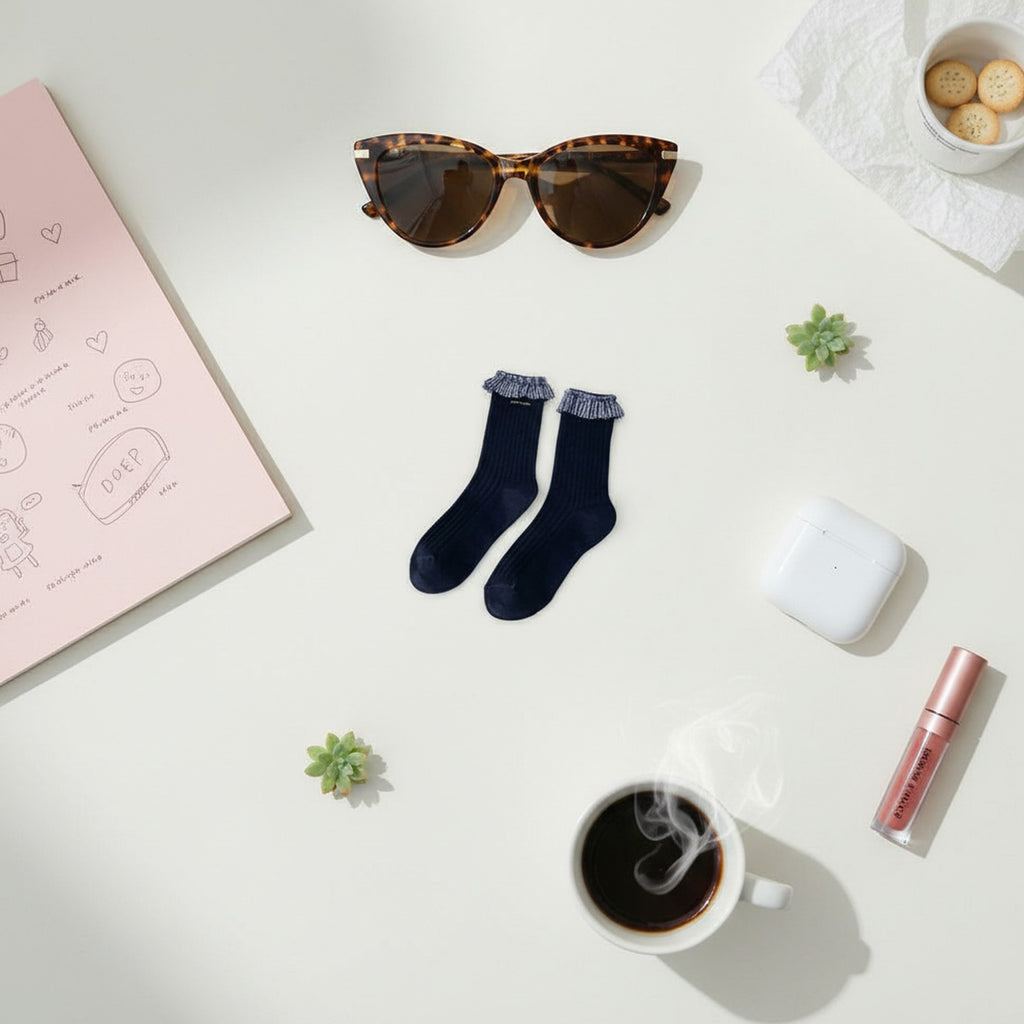 Navy Ribbed Crew Socks With Plaid Ruffle Trim