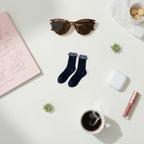 Navy Ribbed Crew Socks With Plaid Ruffle Trim