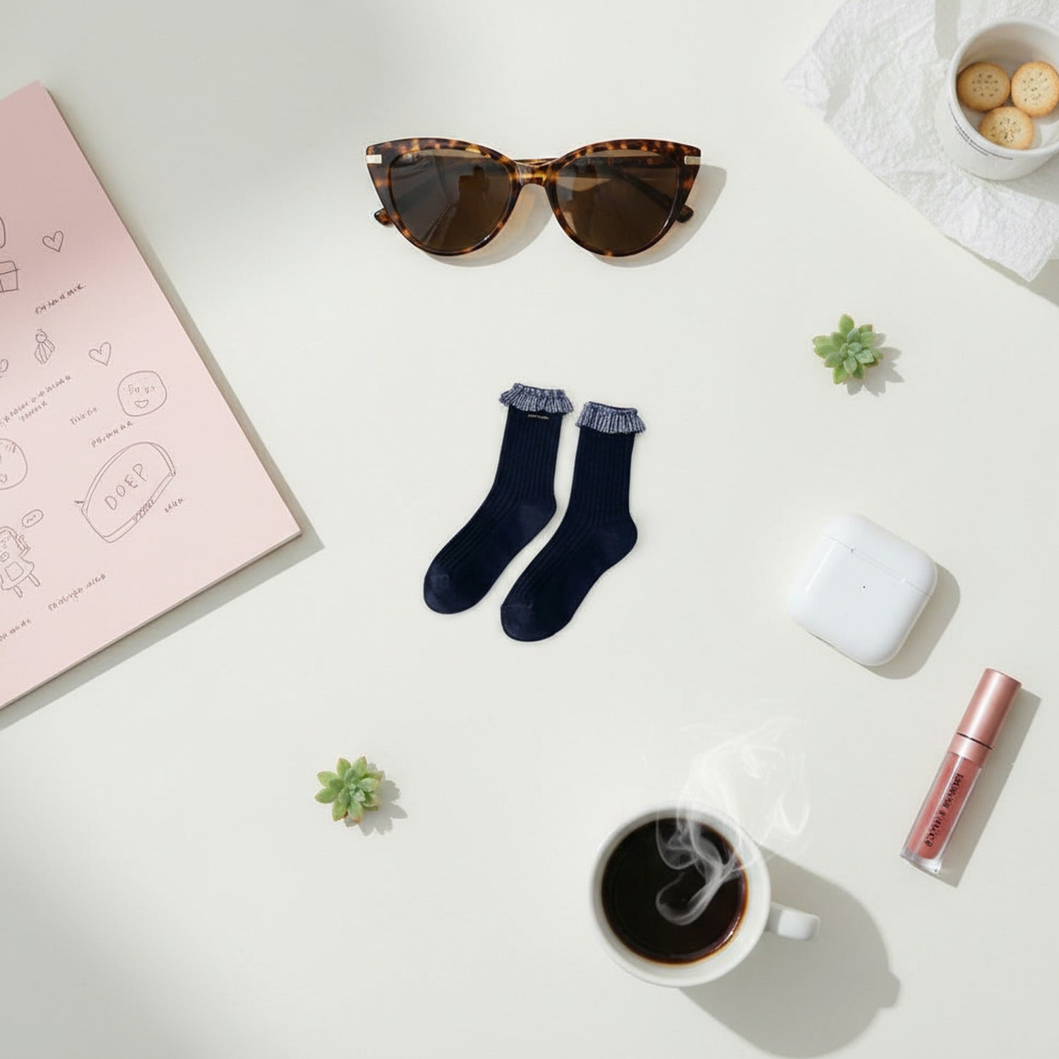 Navy Ribbed Crew Socks With Plaid Ruffle Trim
