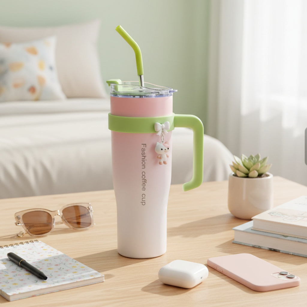 Pink and Green Color-Block Tumbler Cup with Straw