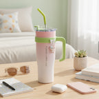 Pink and Green Color-Block Tumbler Cup with Straw
