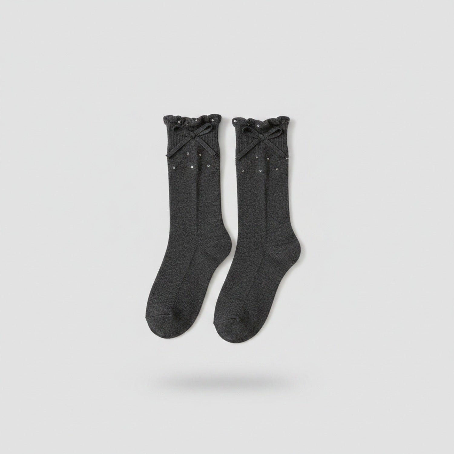 Gray Ribbed Ruffle Dotted Crew Socks