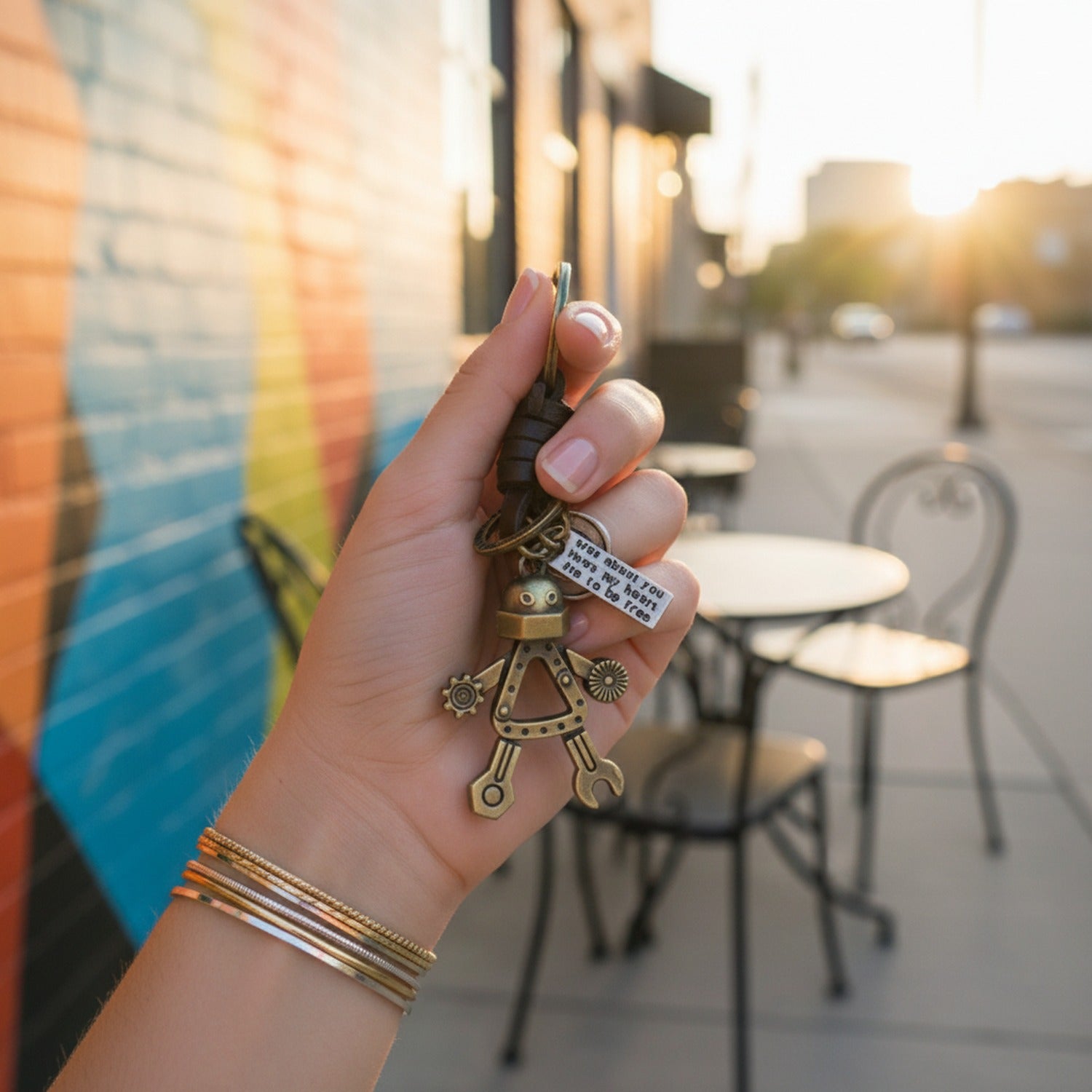 Steampunk Robot Brass Charm Keyring
