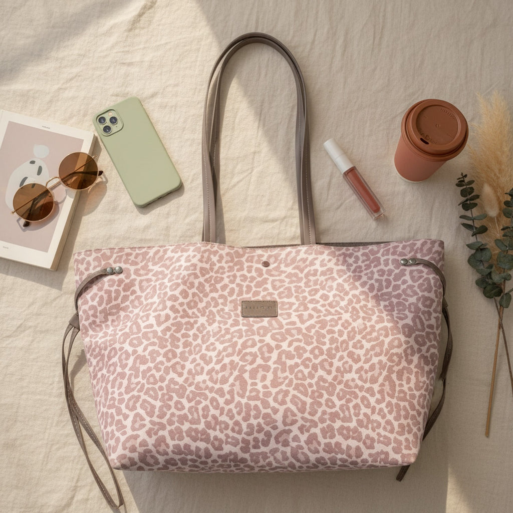 Pink Leopard Print Canvas Tote Bag With Pouch