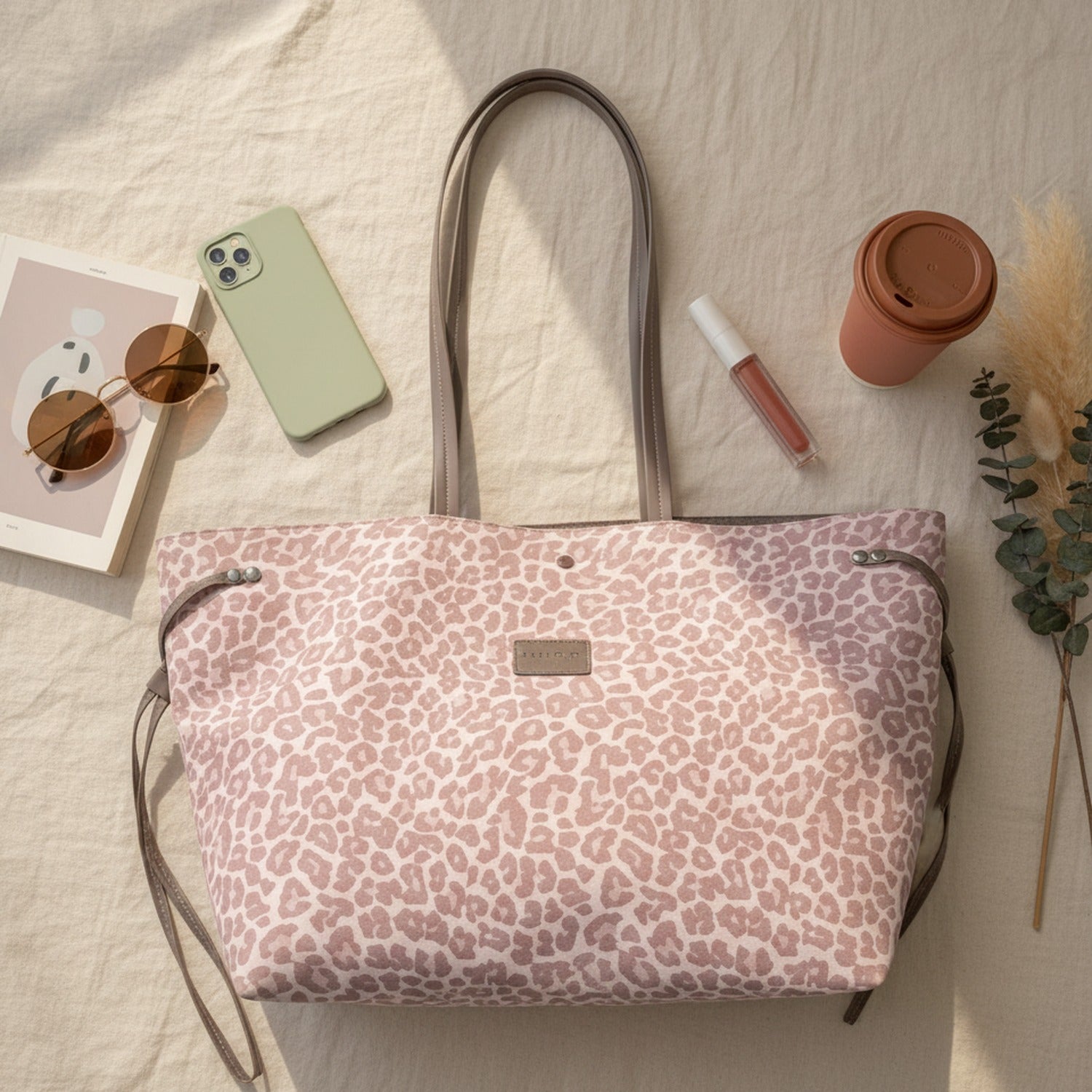Pink Leopard Print Canvas Tote Bag With Pouch