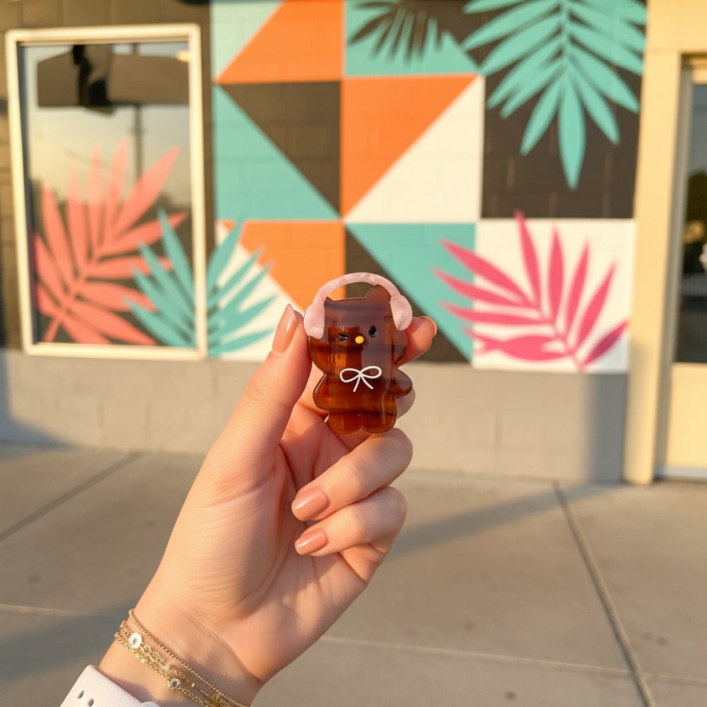 Chocolate Bear Hair Claw With Pink Bow
