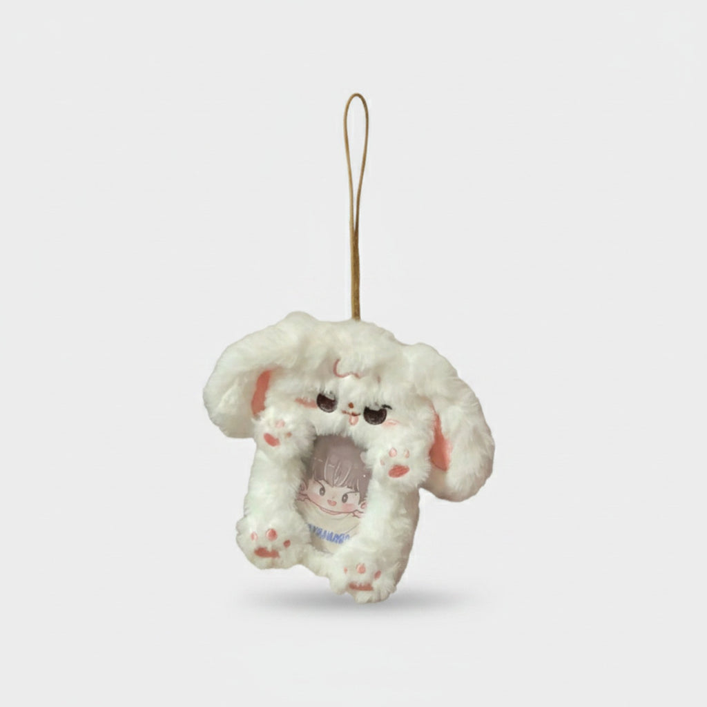 White Fluffy Bunny Phone Charm With Mini Doll