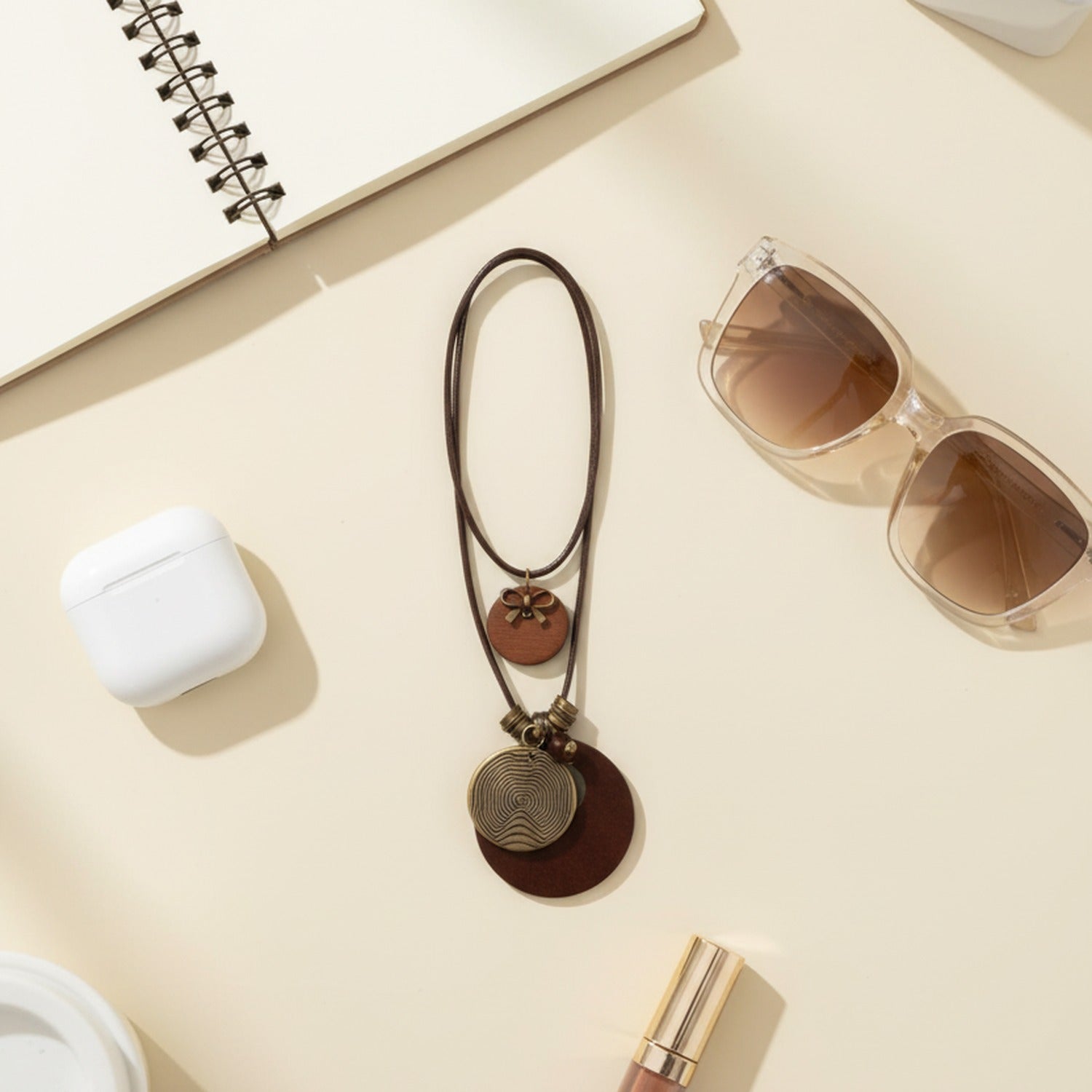 Brown Leather Double Pendant Charm Necklace