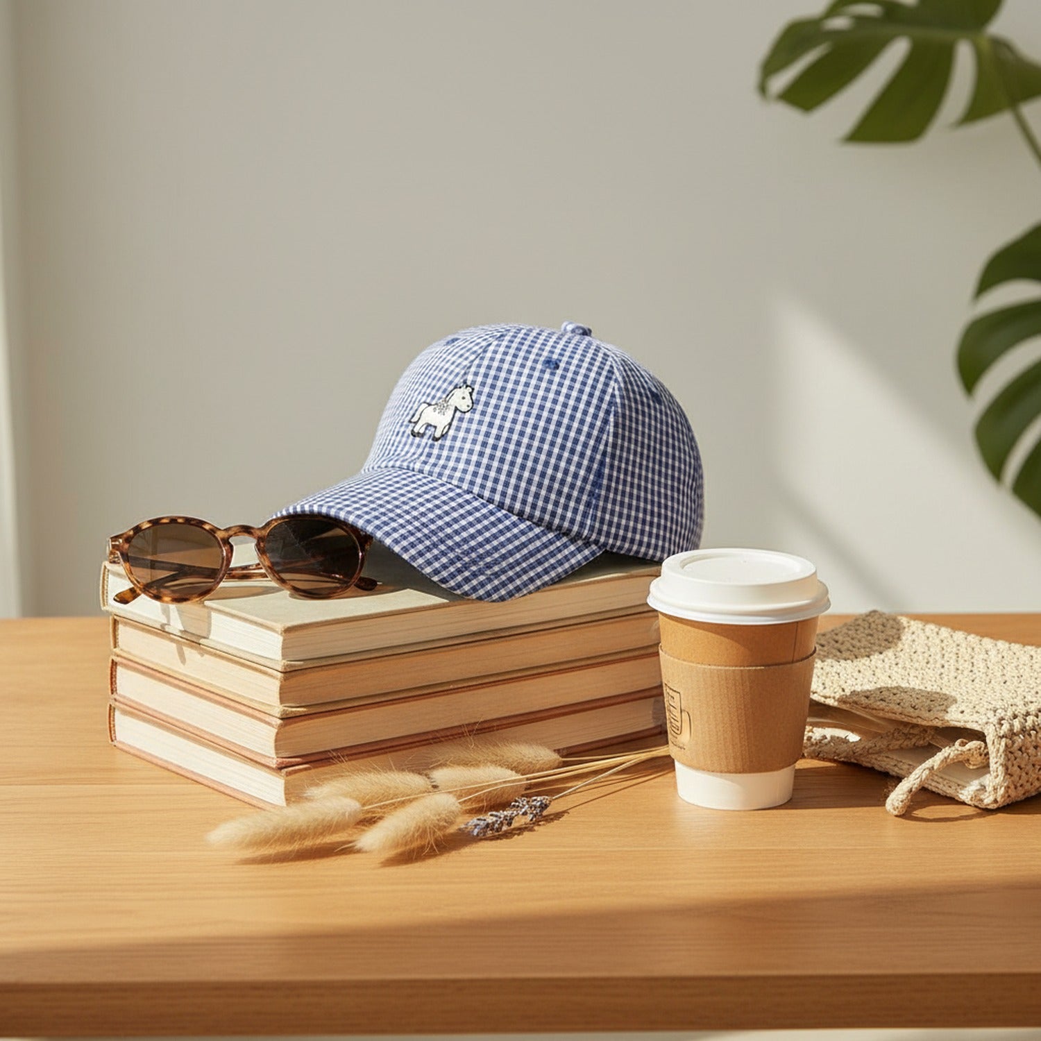 Blue Gingham Check Cap With Horse Emblem