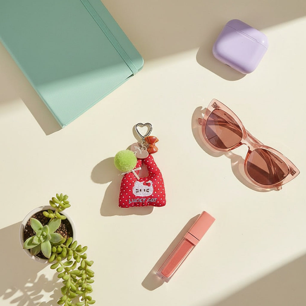 Lucky Cat Heart Charm Keyring With Pom Pom