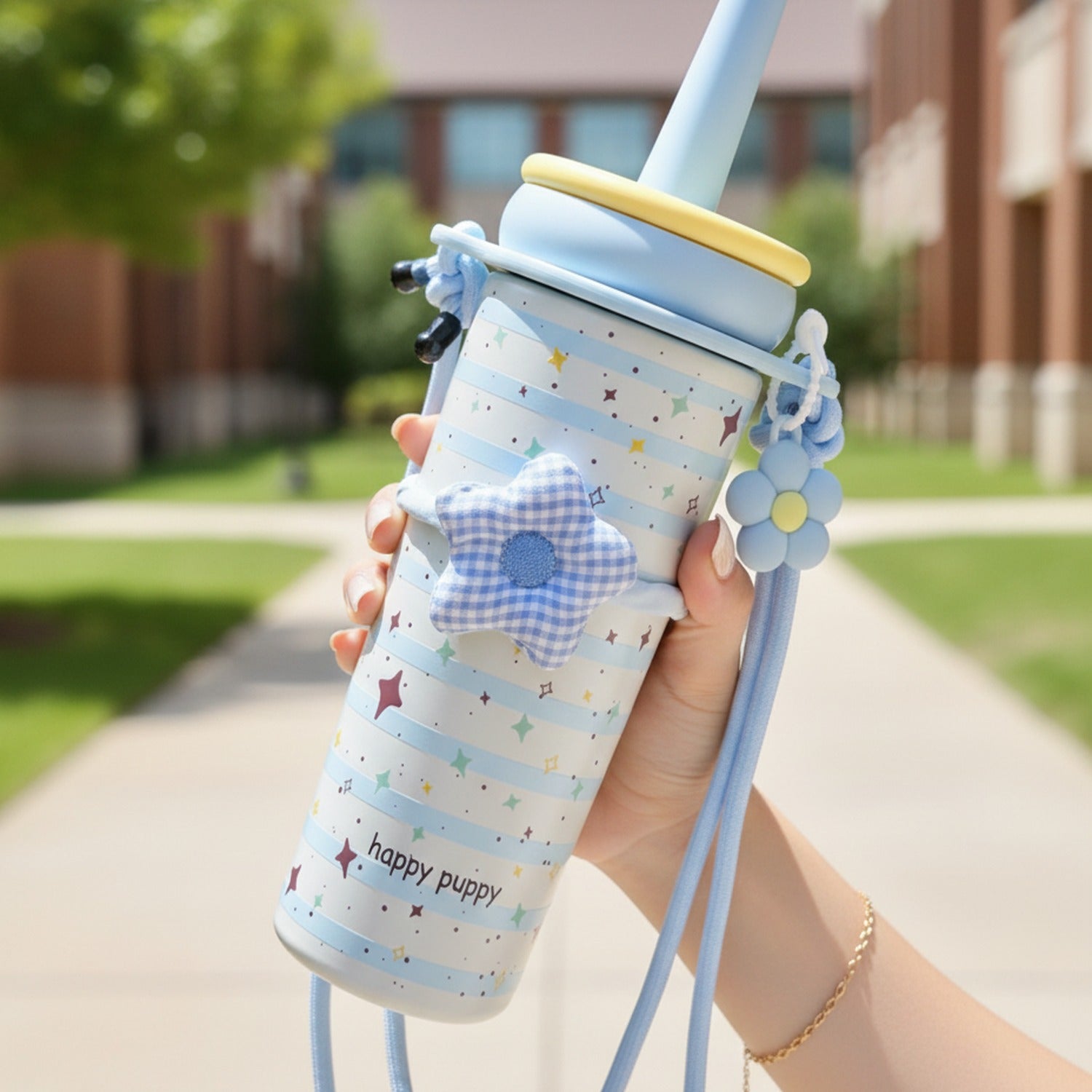 Cream Star Print Tumbler With Checkered Flower Charm