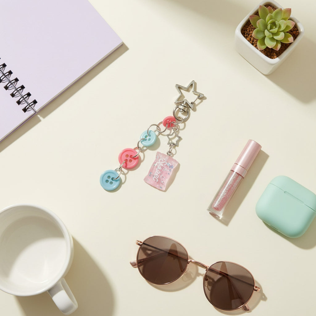 Acrylic Keyring With Star Charm And Button Accents