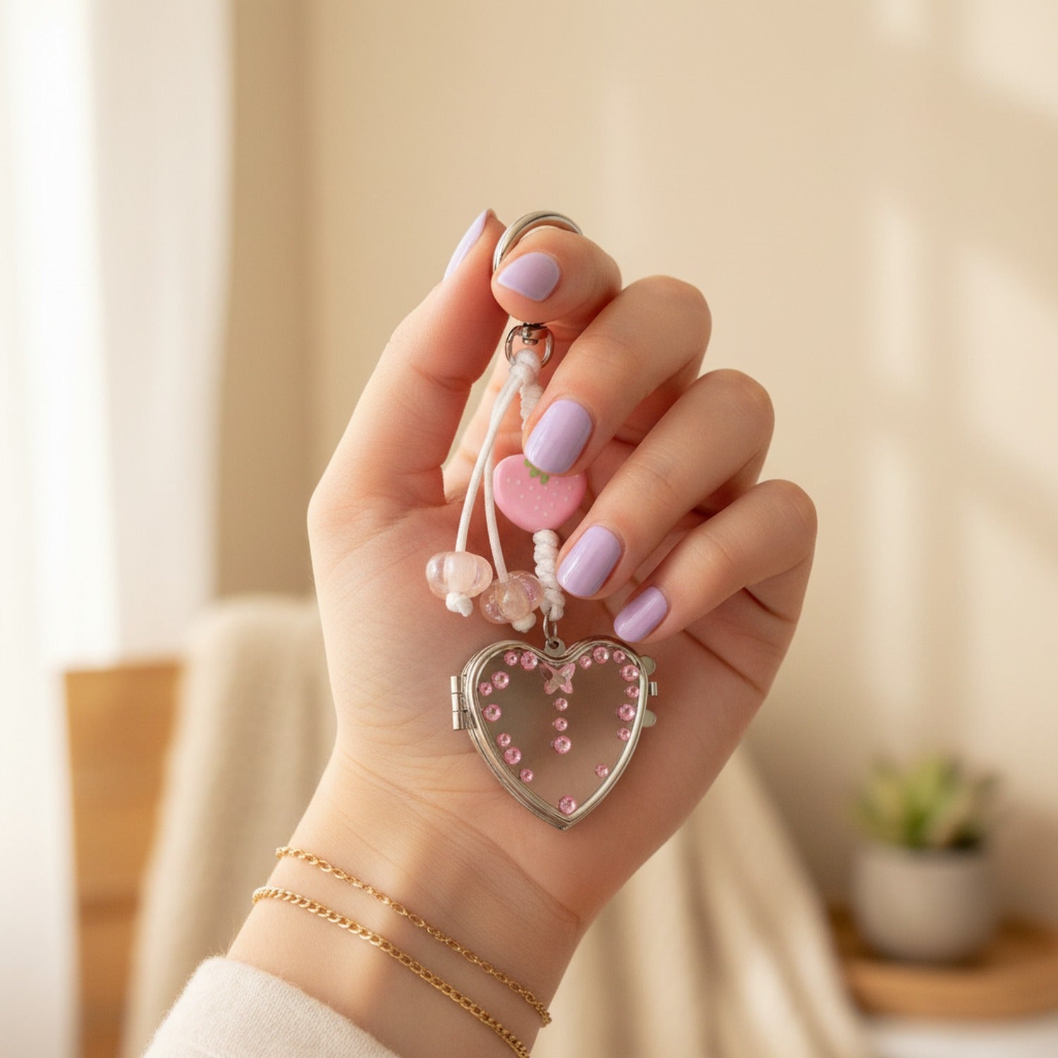 Heart-Shaped Acrylic Keyring With Rhinestones And Charm