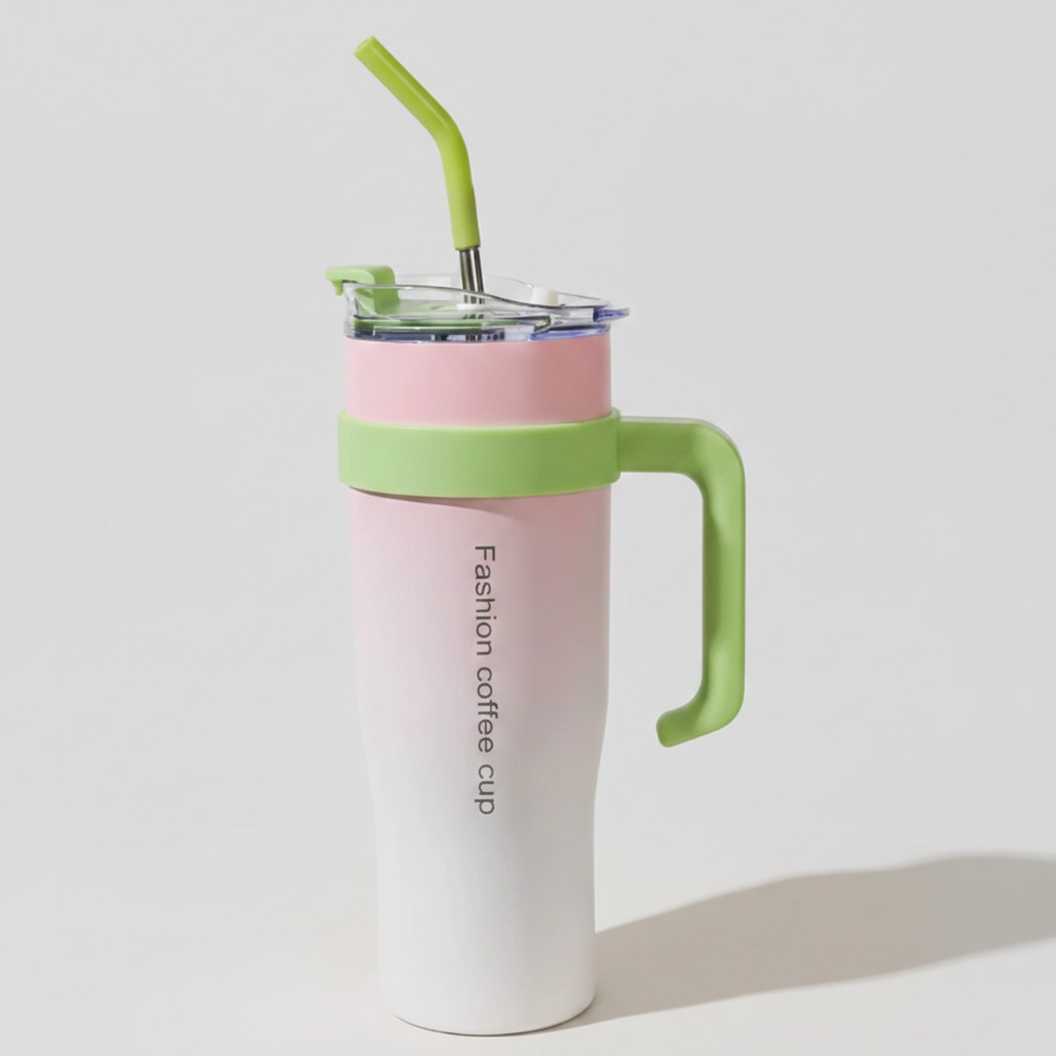 Pink and Green Color-Block Tumbler Cup with Straw