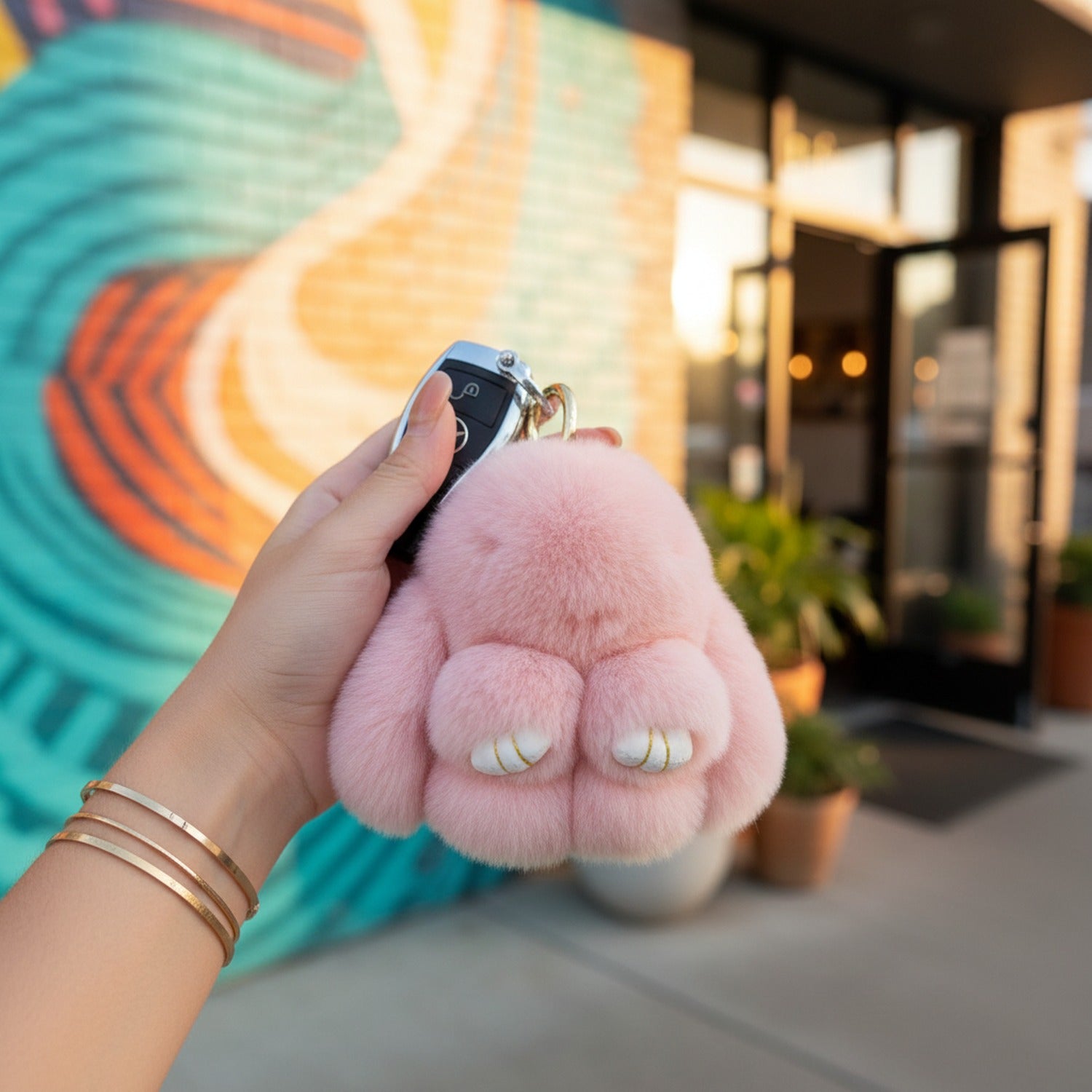 Fluffy Pink Bunny Paw Charm Keyring