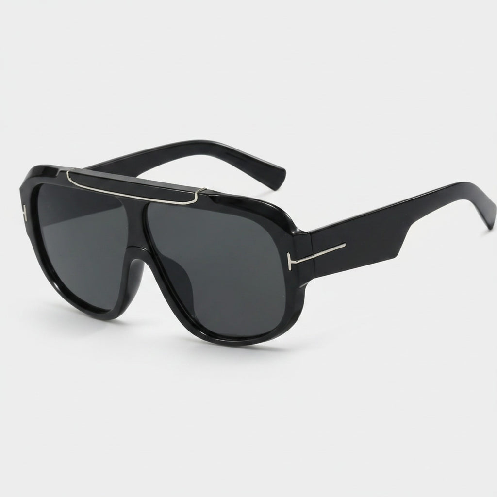 Black Oversized Aviator Sunglasses with Gold Trim