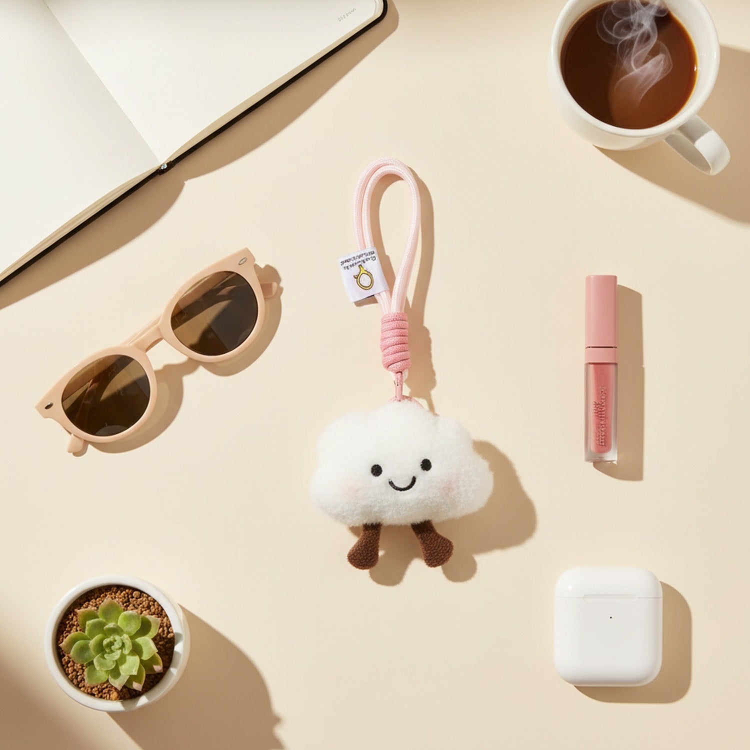 Cute Cloud Plush Keychain With Pink Rope