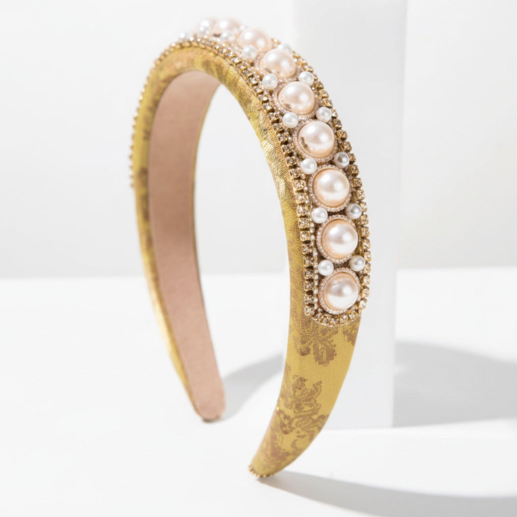 Pearl Beaded Padded Headband - Gold
