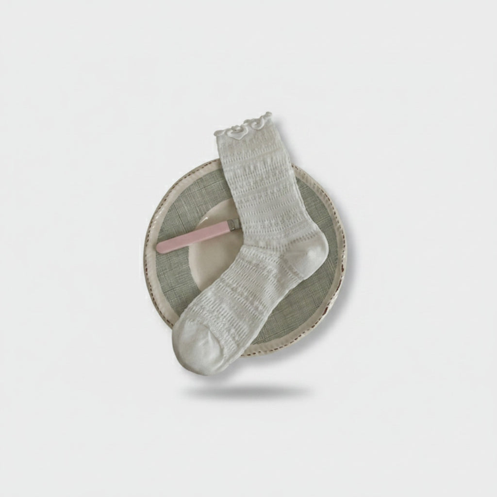 White Textured Crew Socks With Ruffle Trim