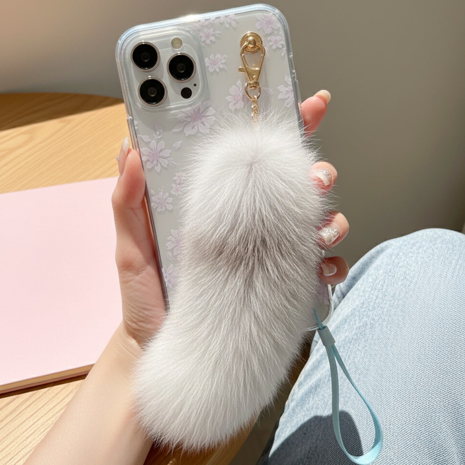 Fluffy White Fur Pom Pom Keychain Charm