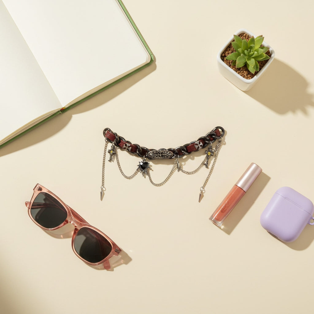 Burgundy Leather Chain Spike Charm Choker Necklace
