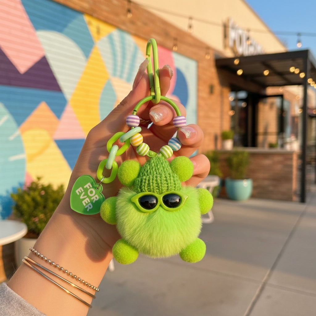 Lime Green Fuzzy Monster Acrylic Keyring With Beaded Chain