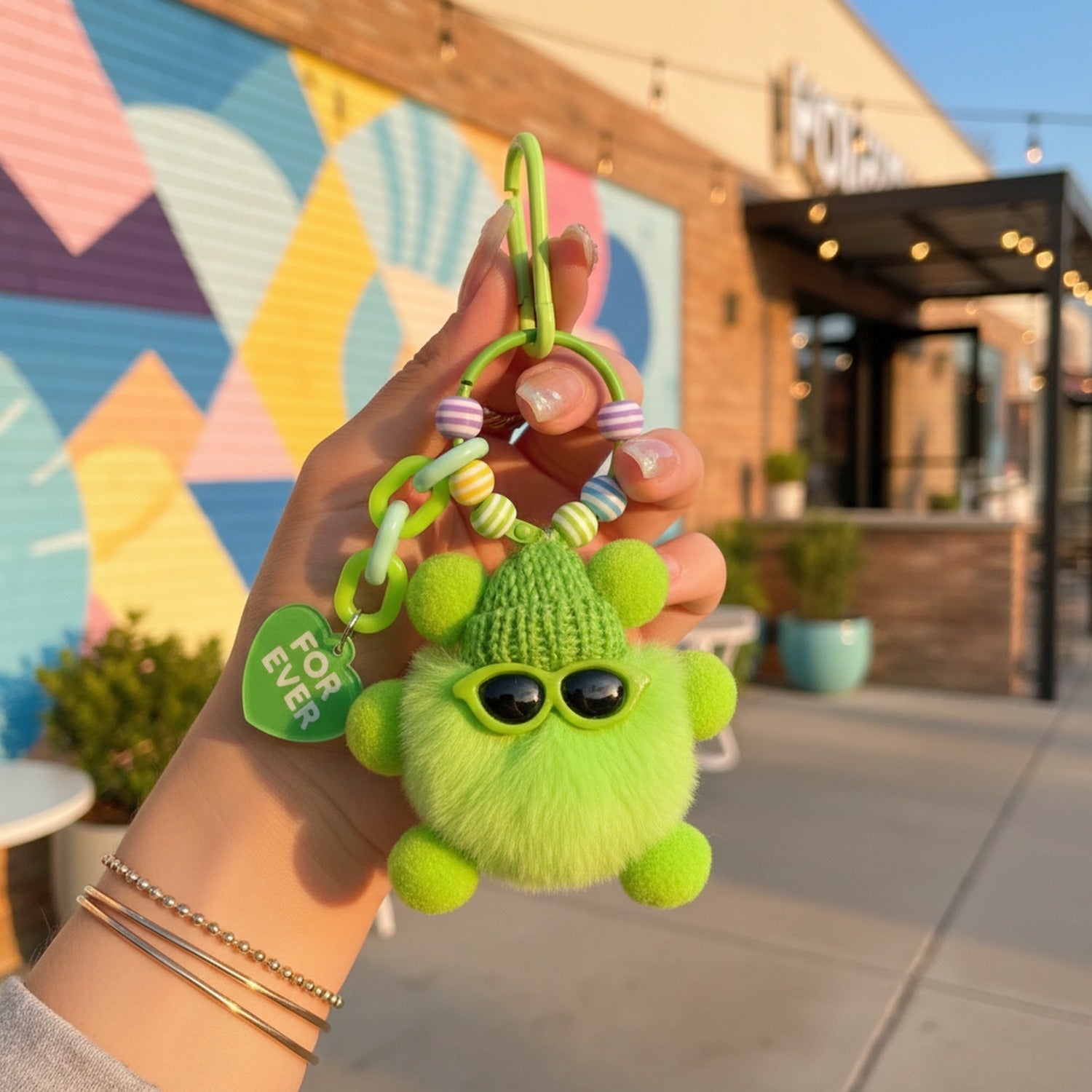 Lime Green Fuzzy Monster Acrylic Keyring With Beaded Chain