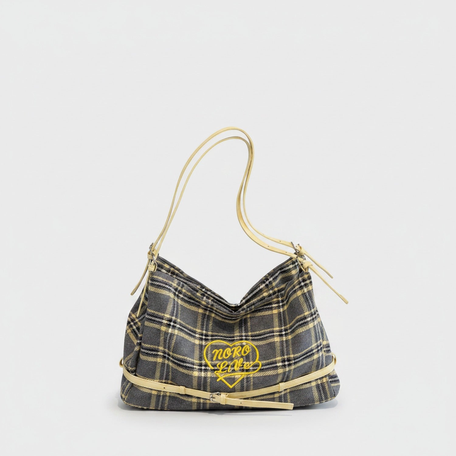 Yellow Plaid Shoulder Bag With Heart Charm