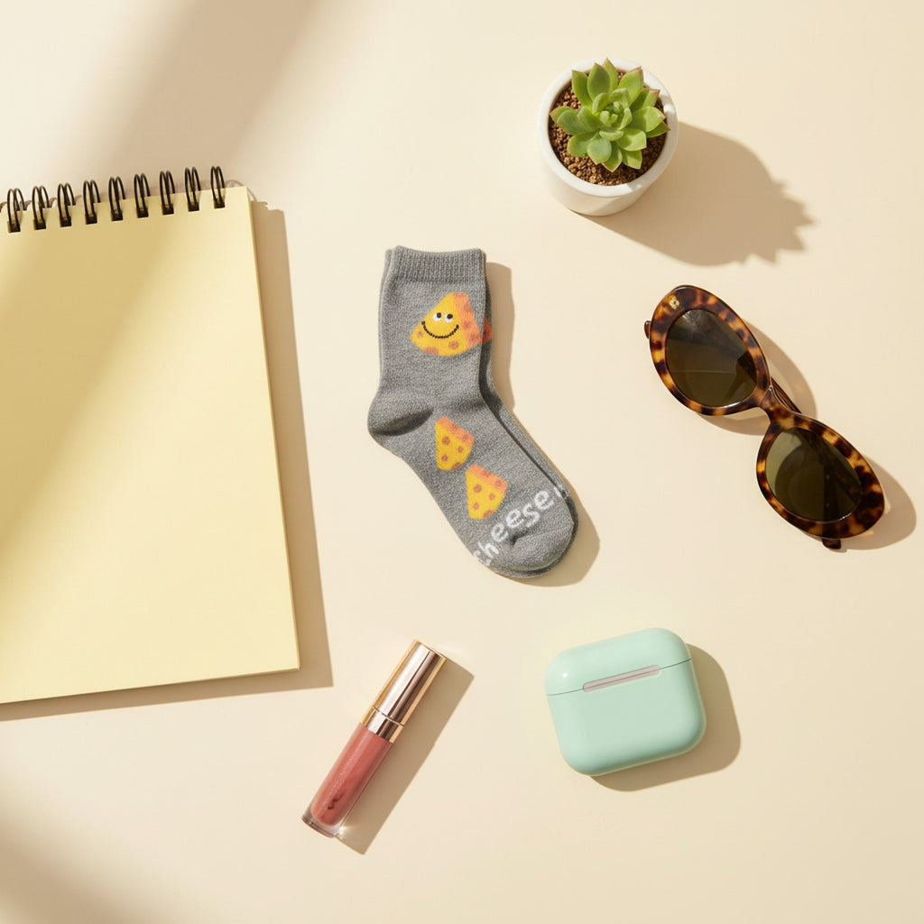 Smiley Face Pizza Slice Gray Crew Socks