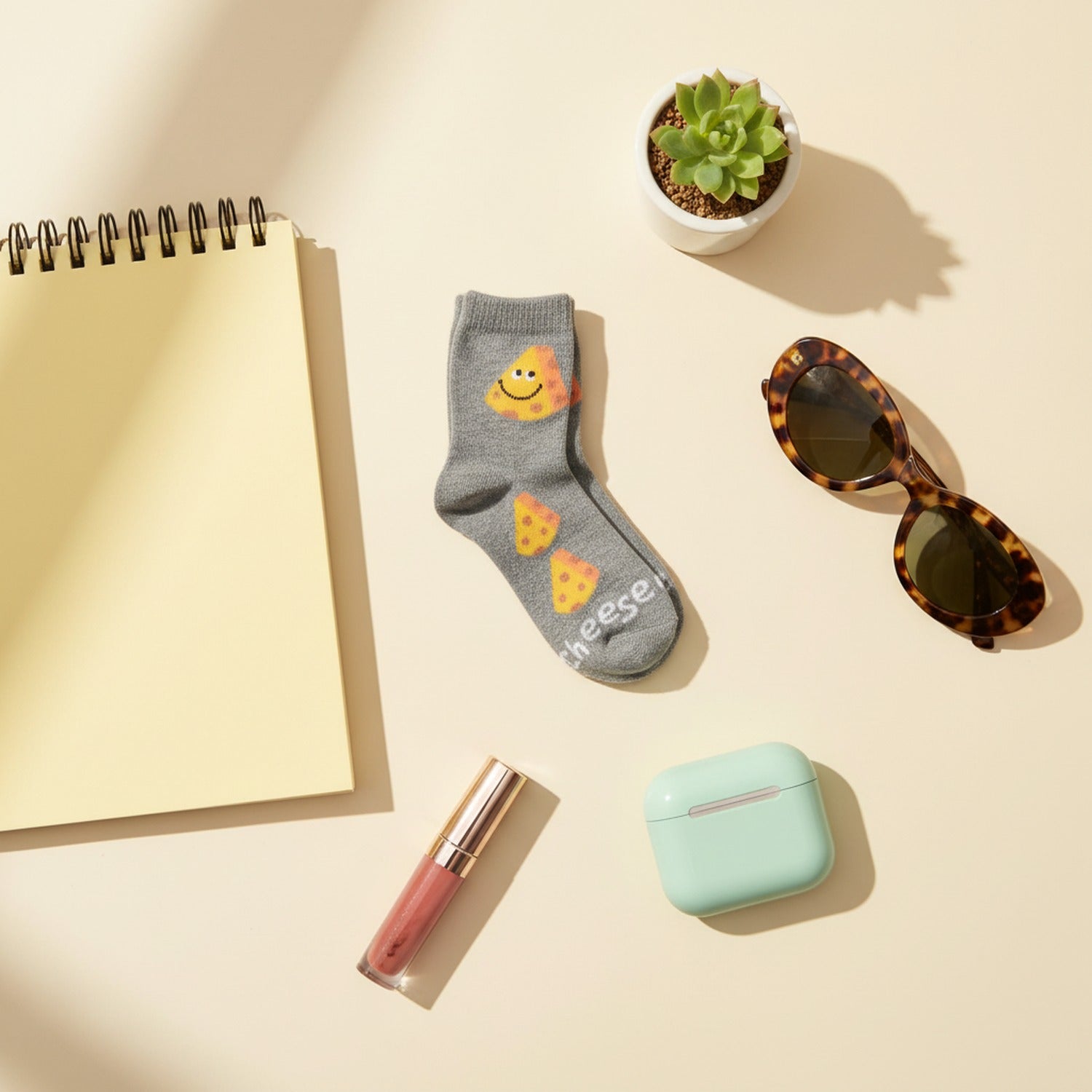 Smiley Face Pizza Slice Gray Crew Socks