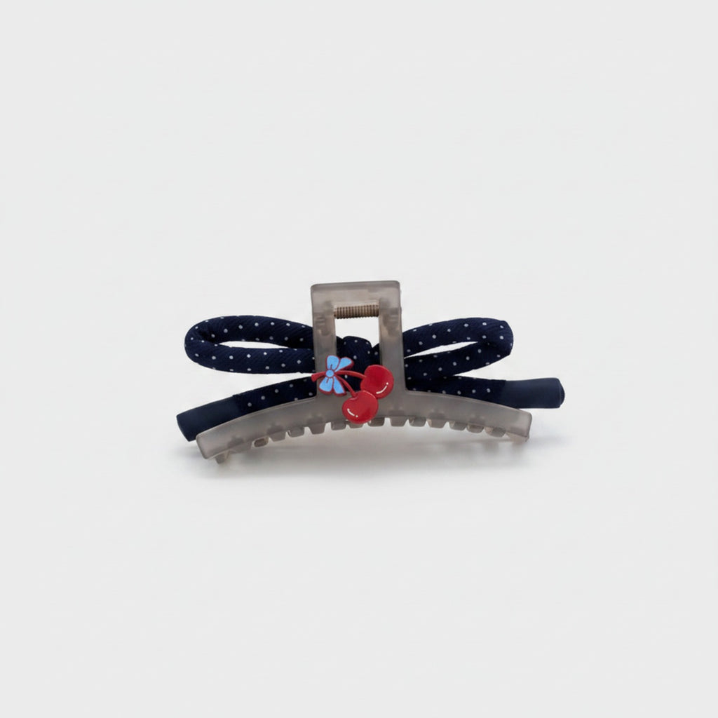 Navy Polka Dot Hair Claw With Flower Charm