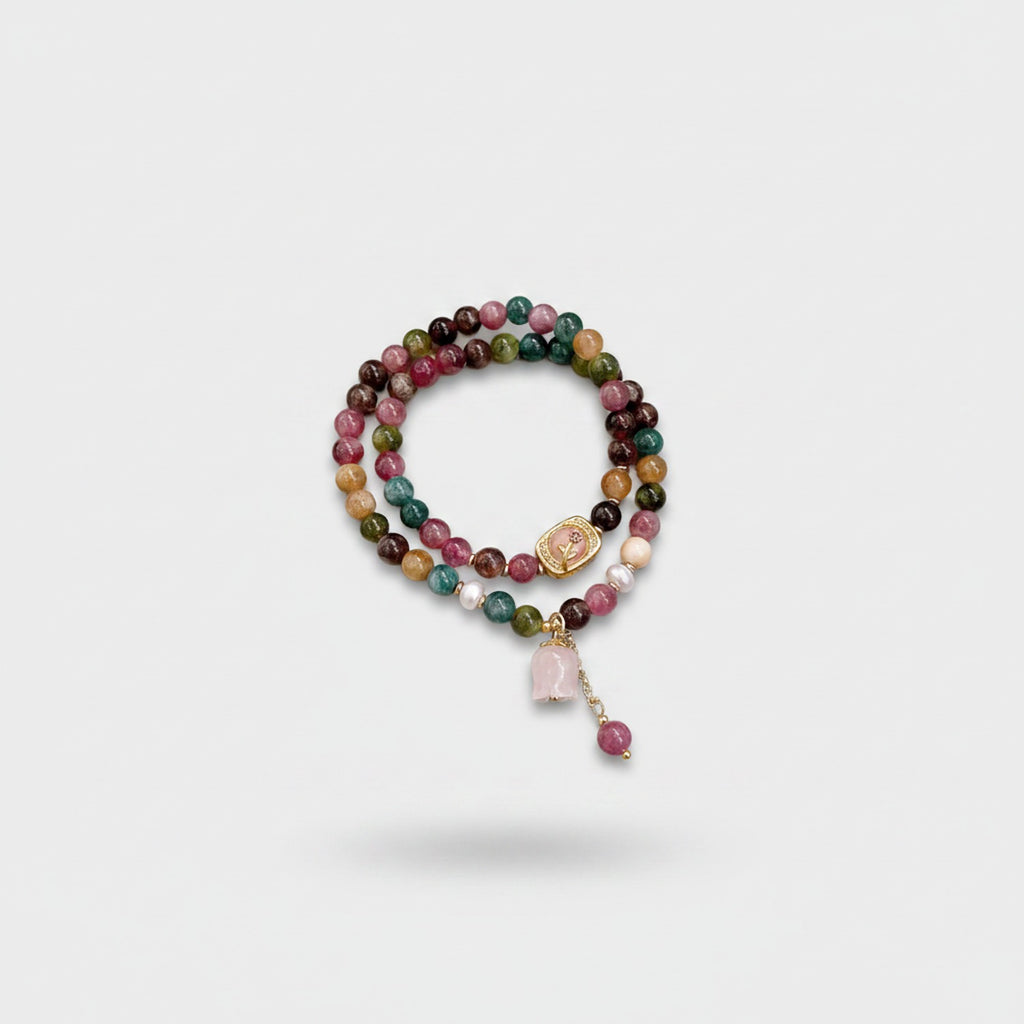 Tourmaline Beaded Bracelet With Rose Quartz Charm