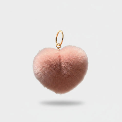 Beige Fuzzy Heart Pom Pom Keychain