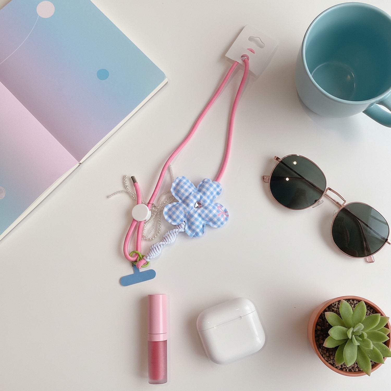 Blue Gingham Flower Phone Charm Strap