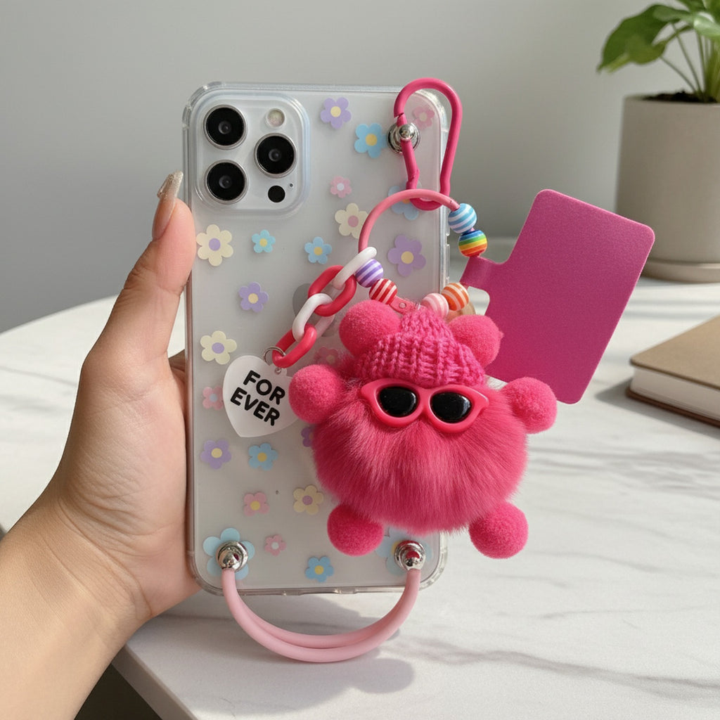 Pink Furry Monster Acrylic Keyring With Mirror Charm