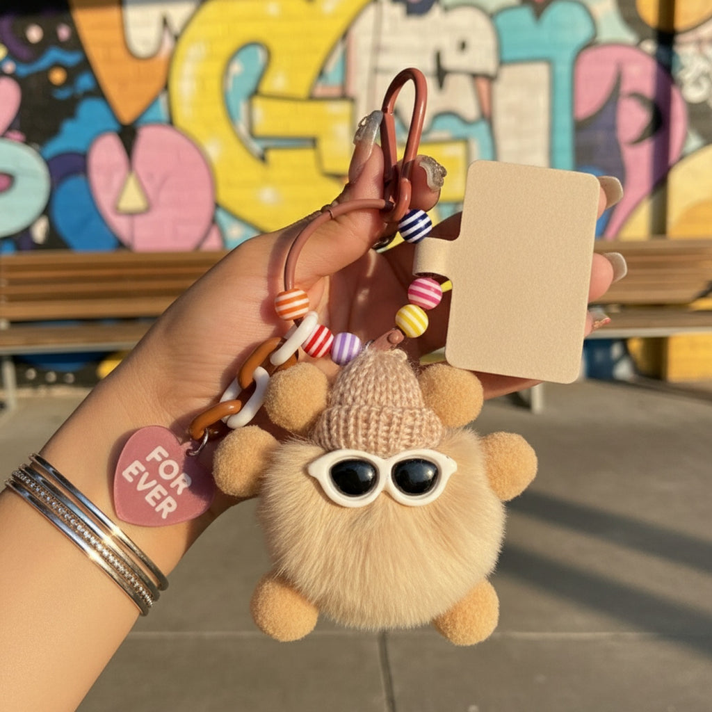 Fuzzy Beige Owl Acrylic Keyring With Beaded Charms