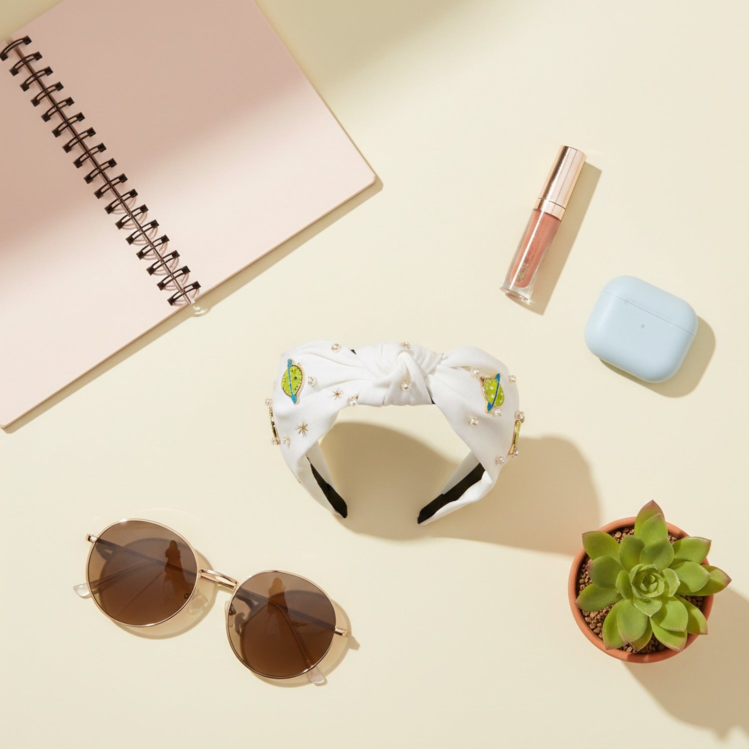 White Padded Headband With Planet Charms
