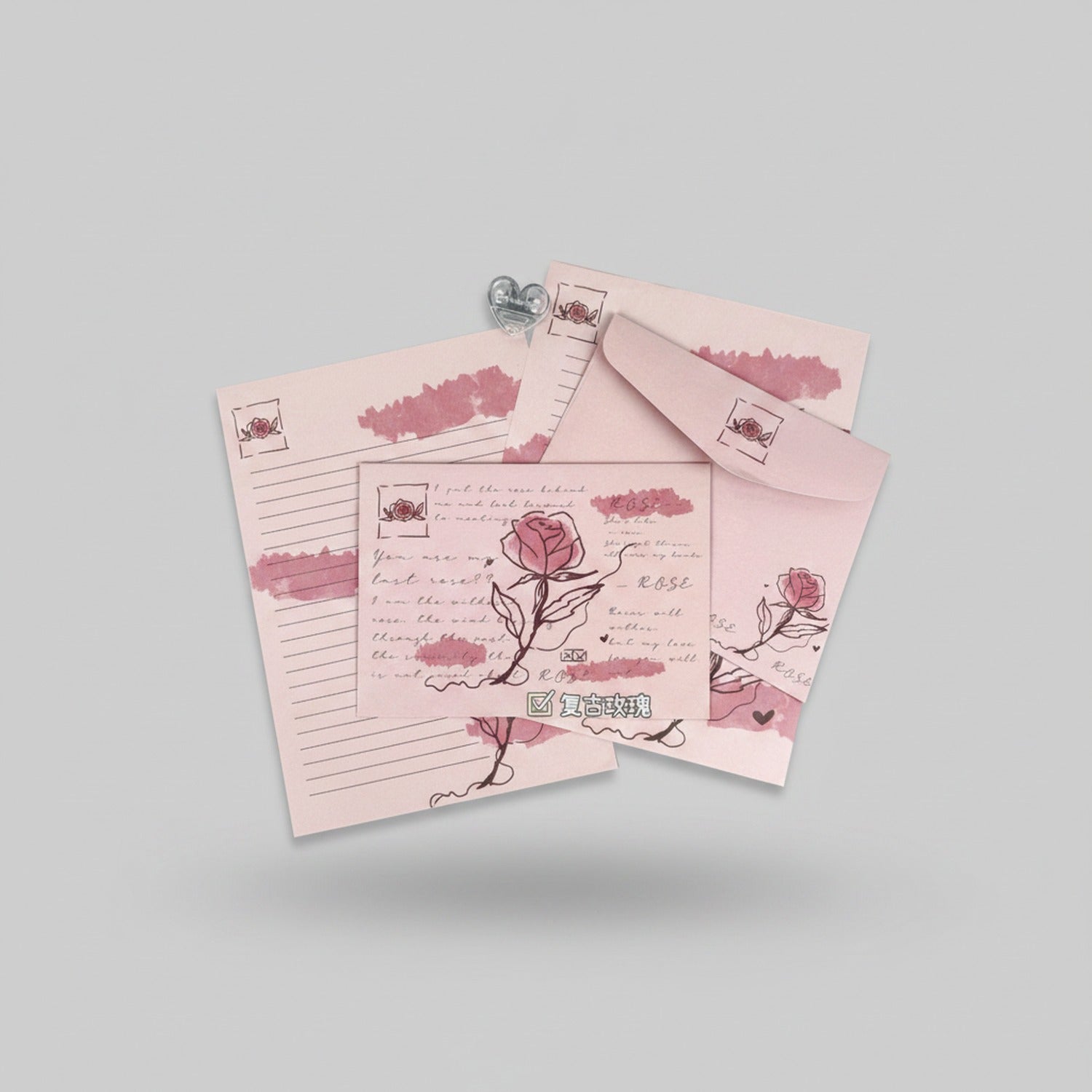 Rose Floral Pink Letter Writing Set With Charm