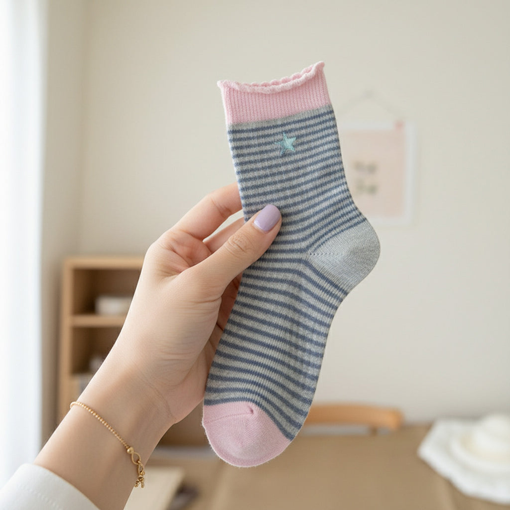 Gray Striped Pink Cuff Star Crew Socks