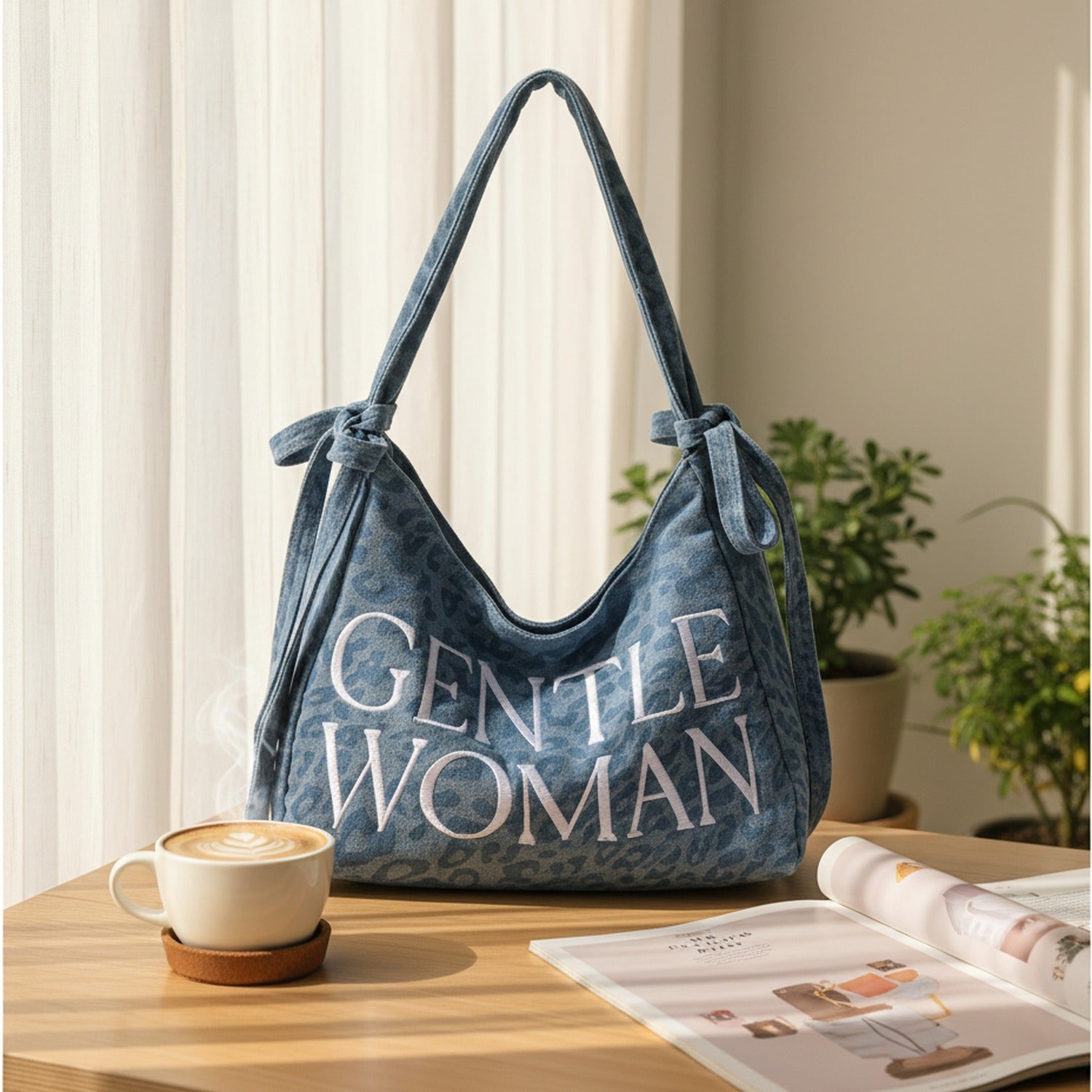 Denim Shoulder Tote Bag With Drawstring Closure