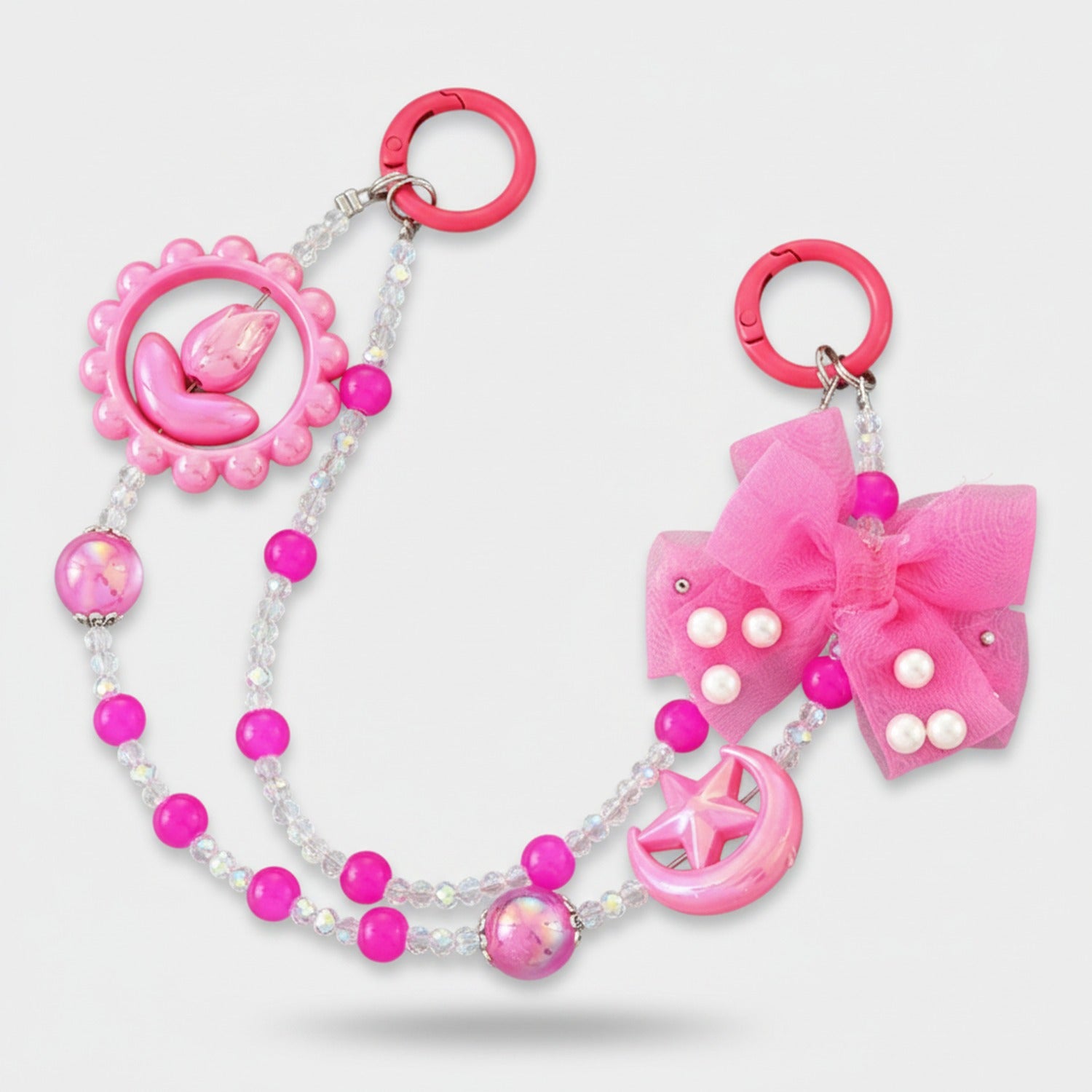 Pink Beaded Acrylic Keyring With Bow Charm