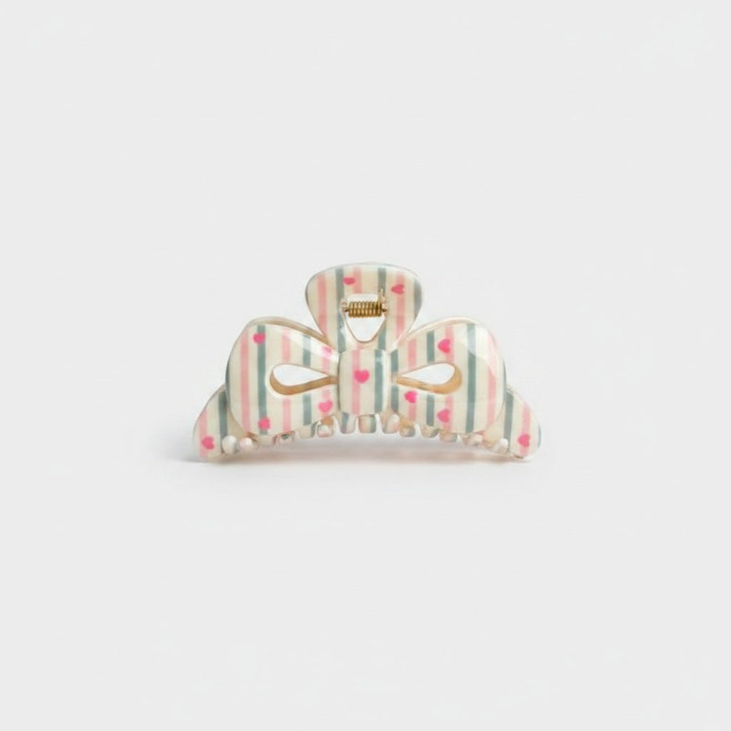 Striped Heart Bow Hair Claw Clip