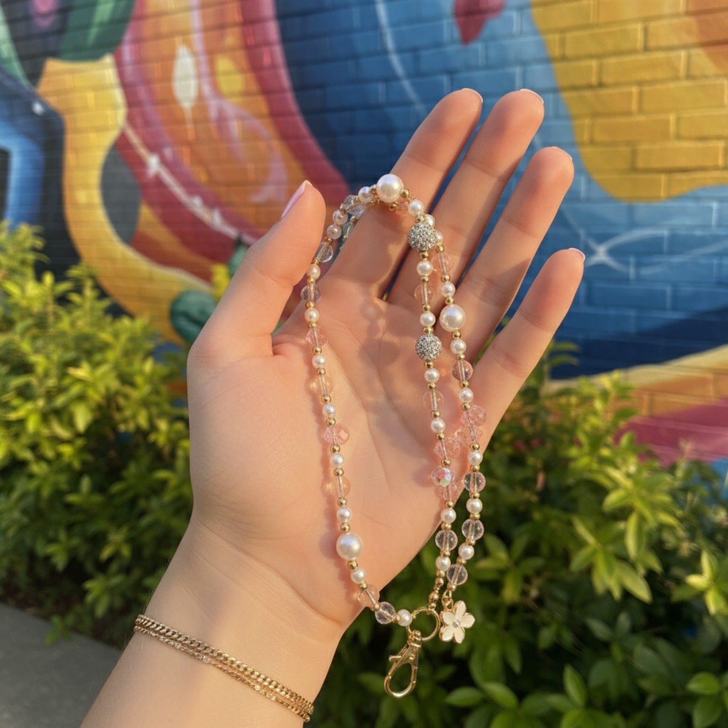 Pearl Beaded Phone Strap With Heart Charm