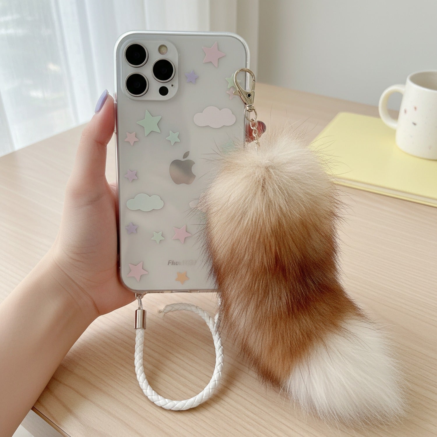 Fluffy Tan & White Faux Fur Keychain Charm