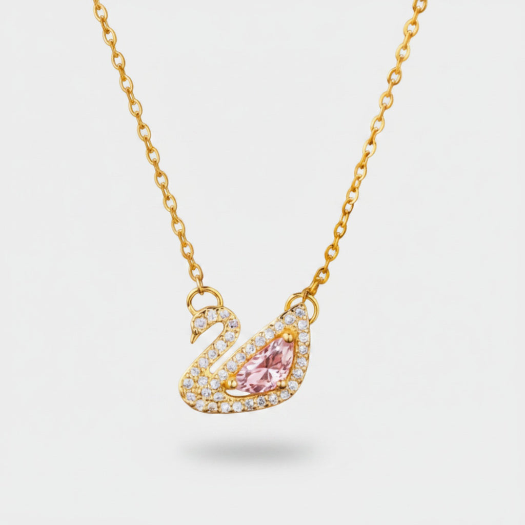 Swan Pink Crystal Rhinestone Gold Chain Necklace
