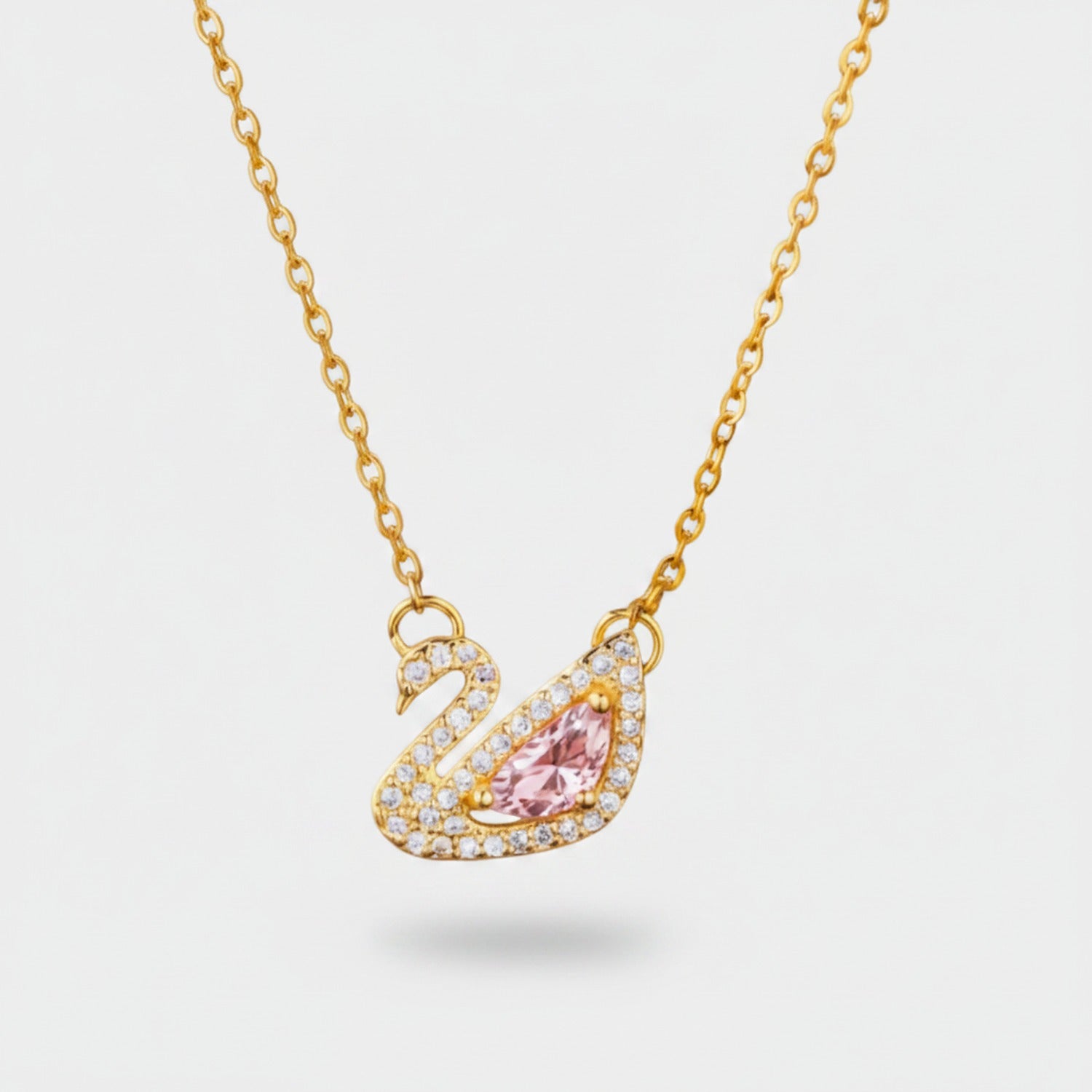 Swan Pink Crystal Rhinestone Gold Chain Necklace