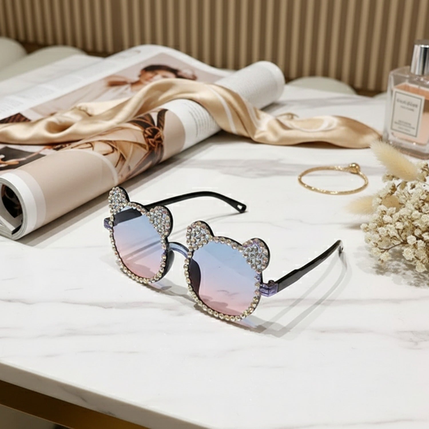 Rhinestone Bear Round Sunglasses Black