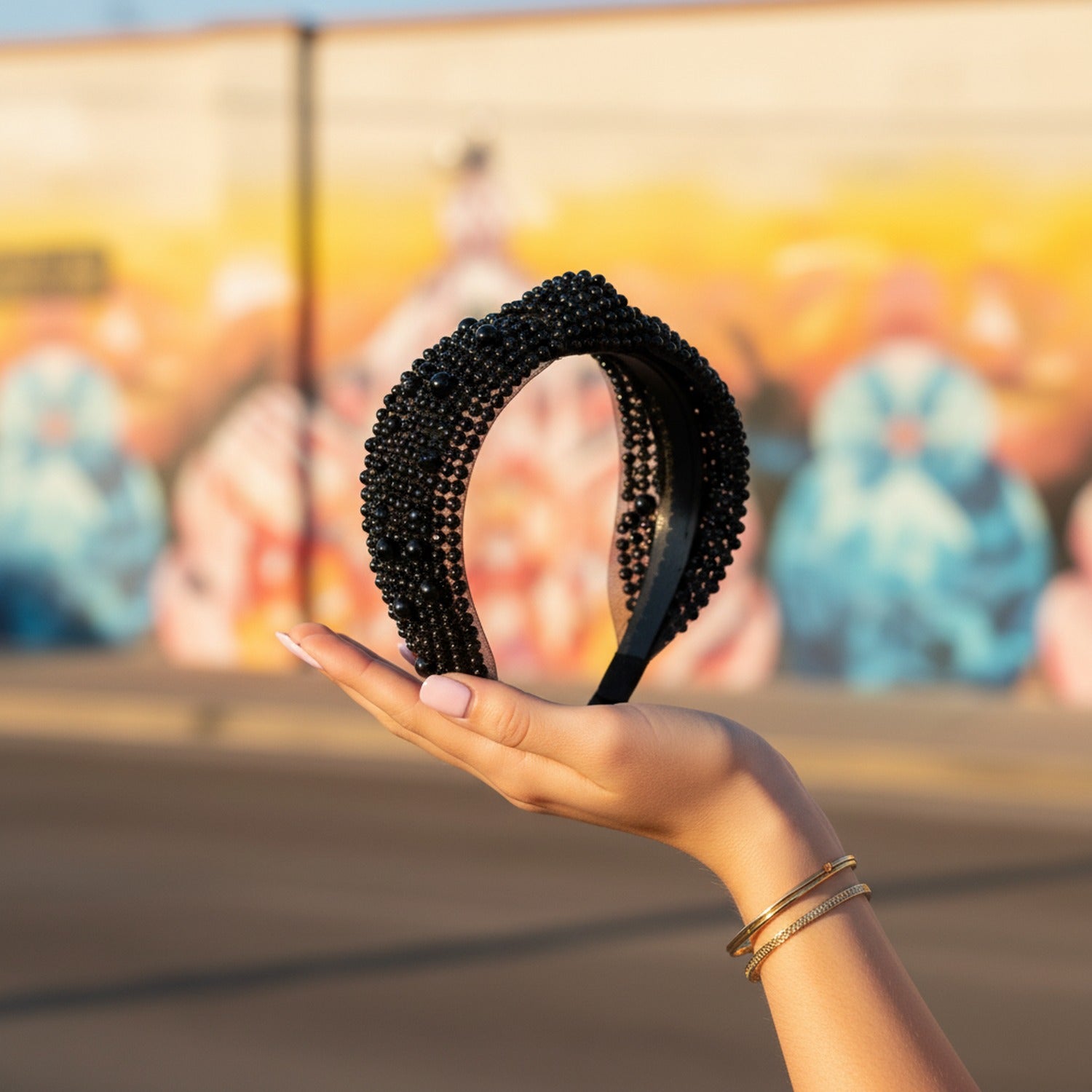 Black Beaded Padded Headband Knot