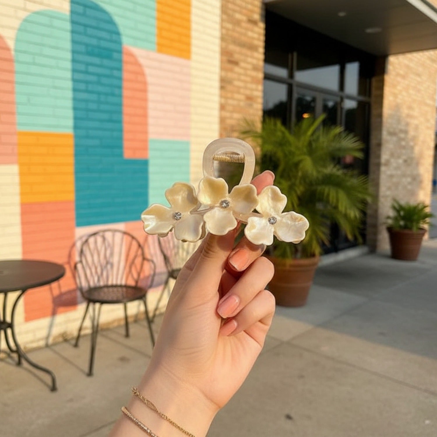 Cream Pearl Flower Hair Claw Rhinestone